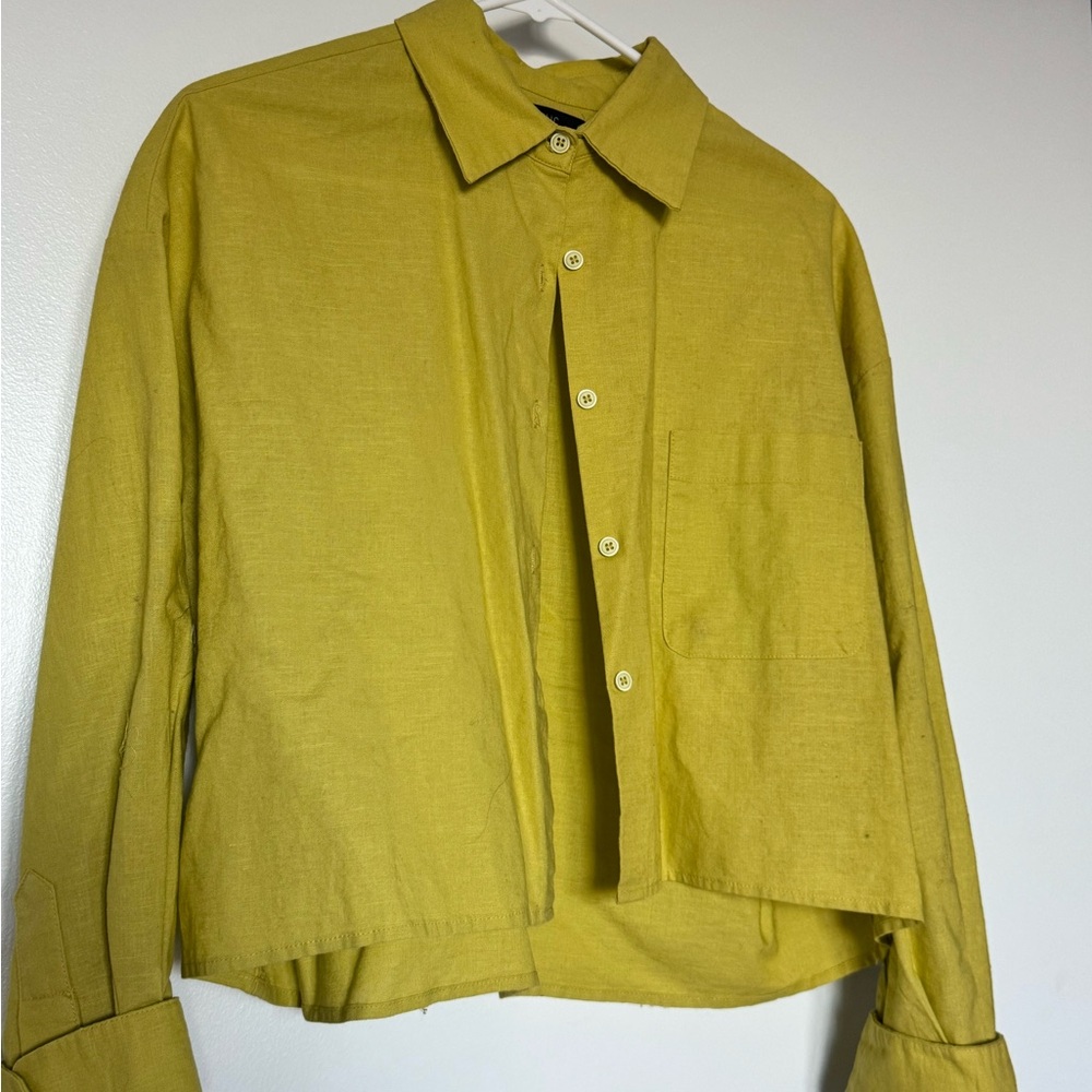 Cropped Chartreuse Linen Button-Up Shirt